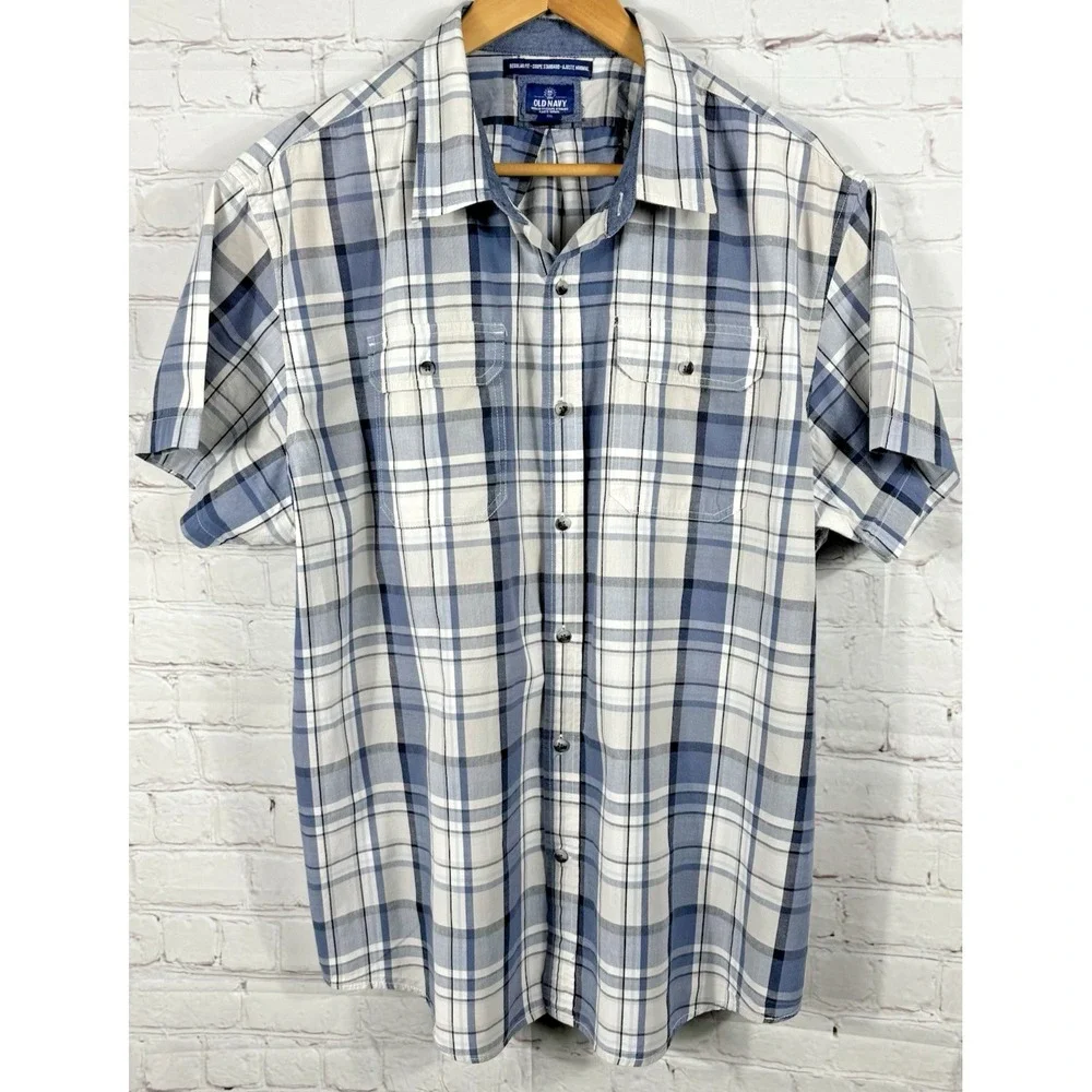 Old Navy Shirt Men's 2XL Blue Plaid Button Up Short Sleeve Regular Fit‎ Shirt